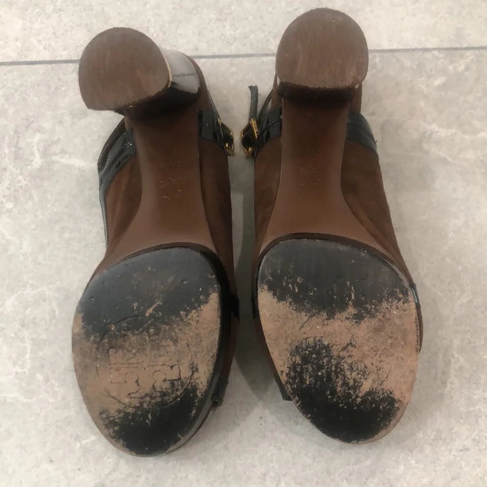 TORY BURCH “Gemma “ Black Patent Leather Brown Suede Slingback Heels Size 7.5